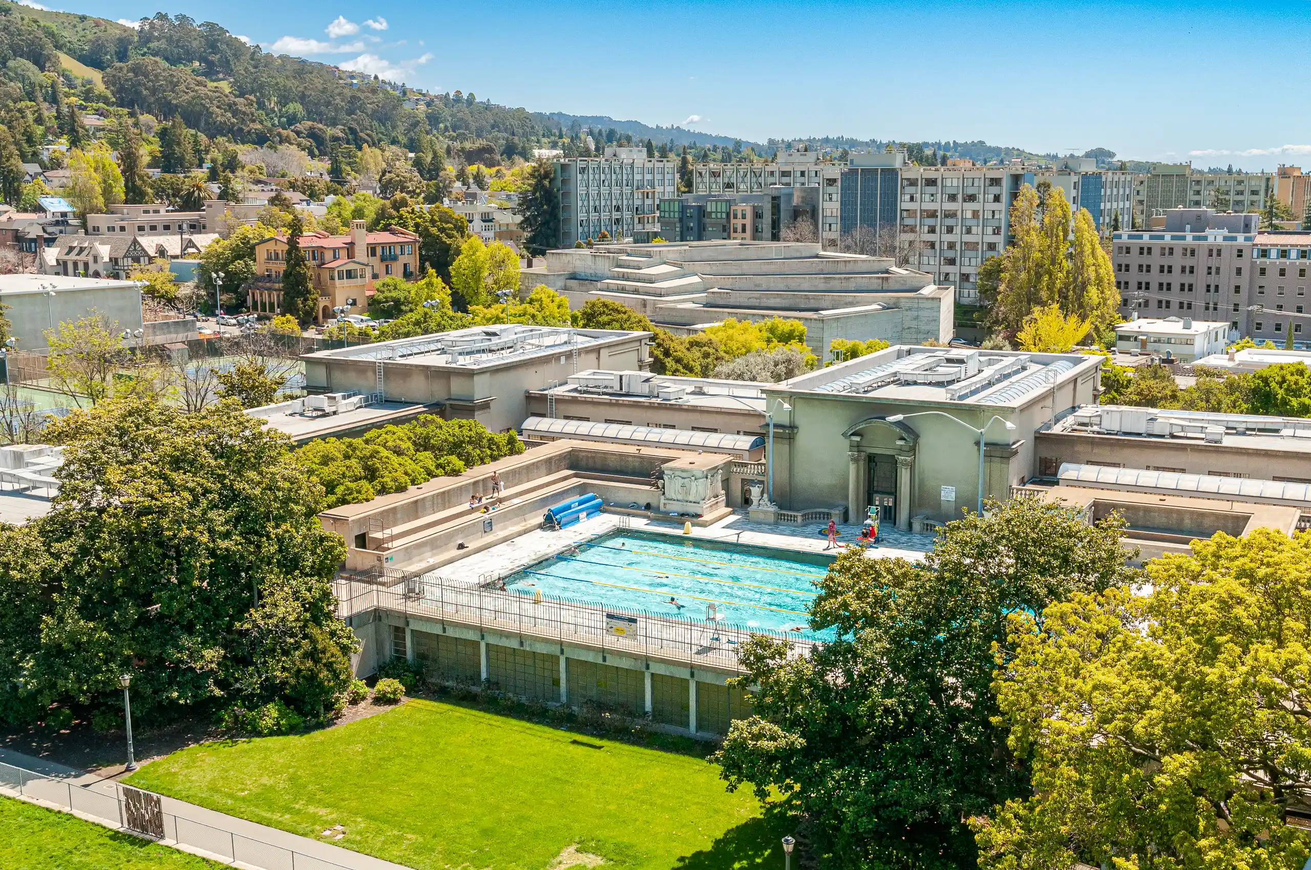 Hearst Gym & Pool with high-rise dorms in the background, 2012
