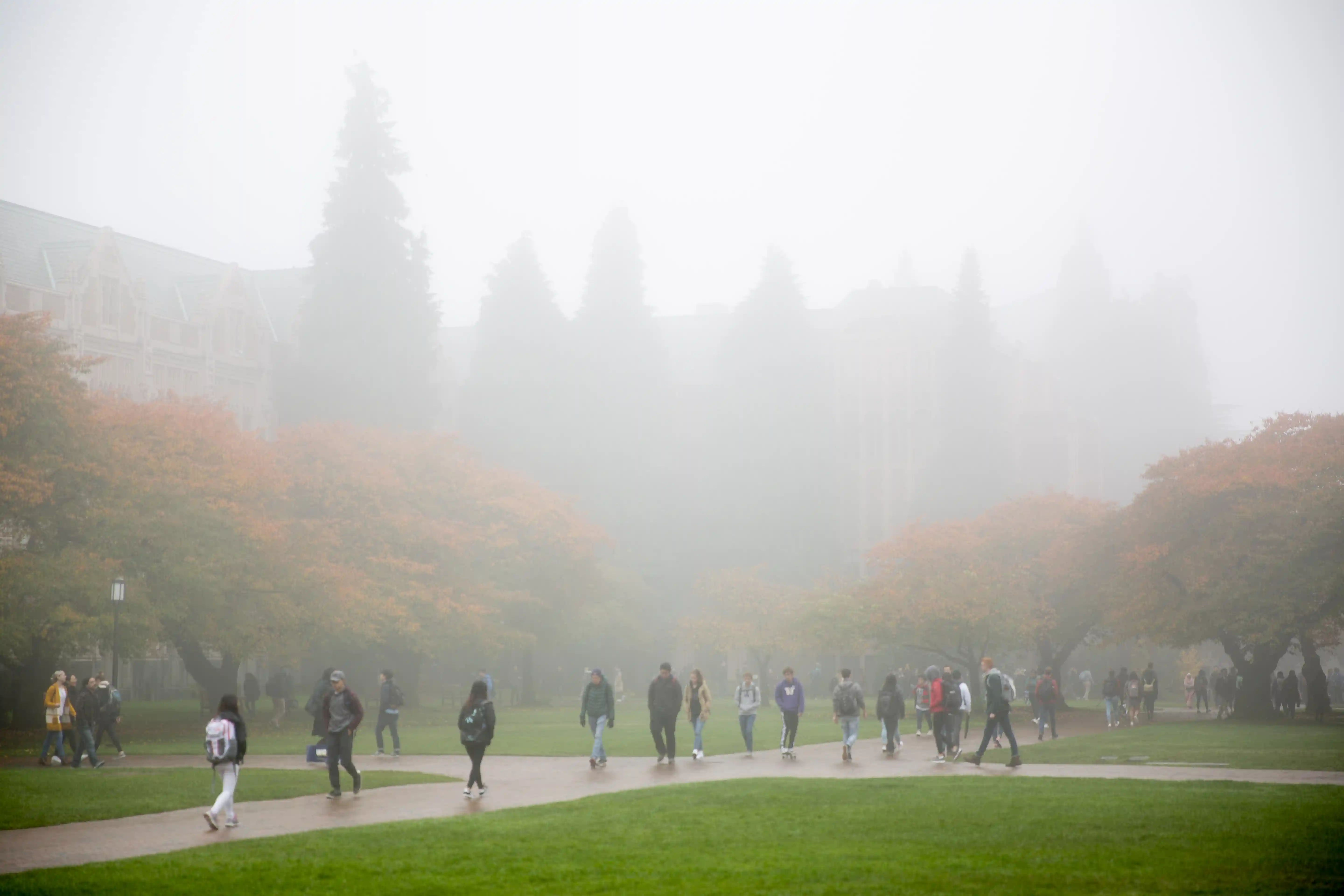 Students walking through the quad in a haze of mist and drizzle